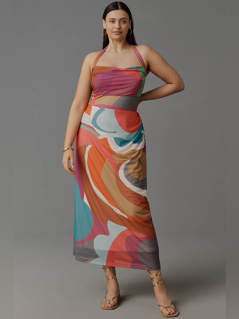 By Anthropologie Square-Neck Halter Midi Dress Colorful Size Large NEW
